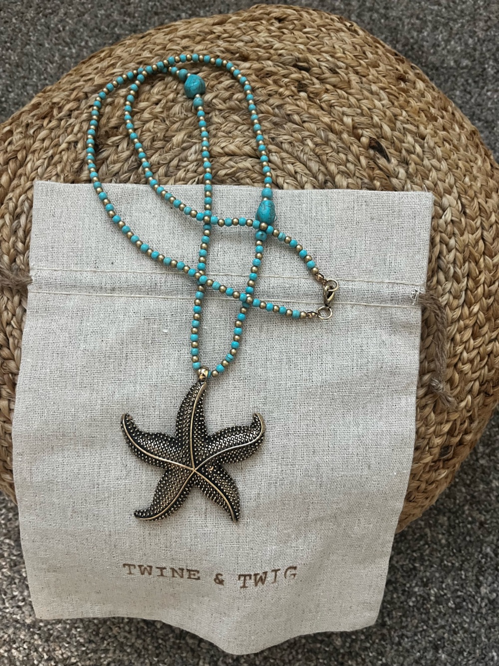 Turquoise Beaded Necklace with Antique Gold Starfish Pendant